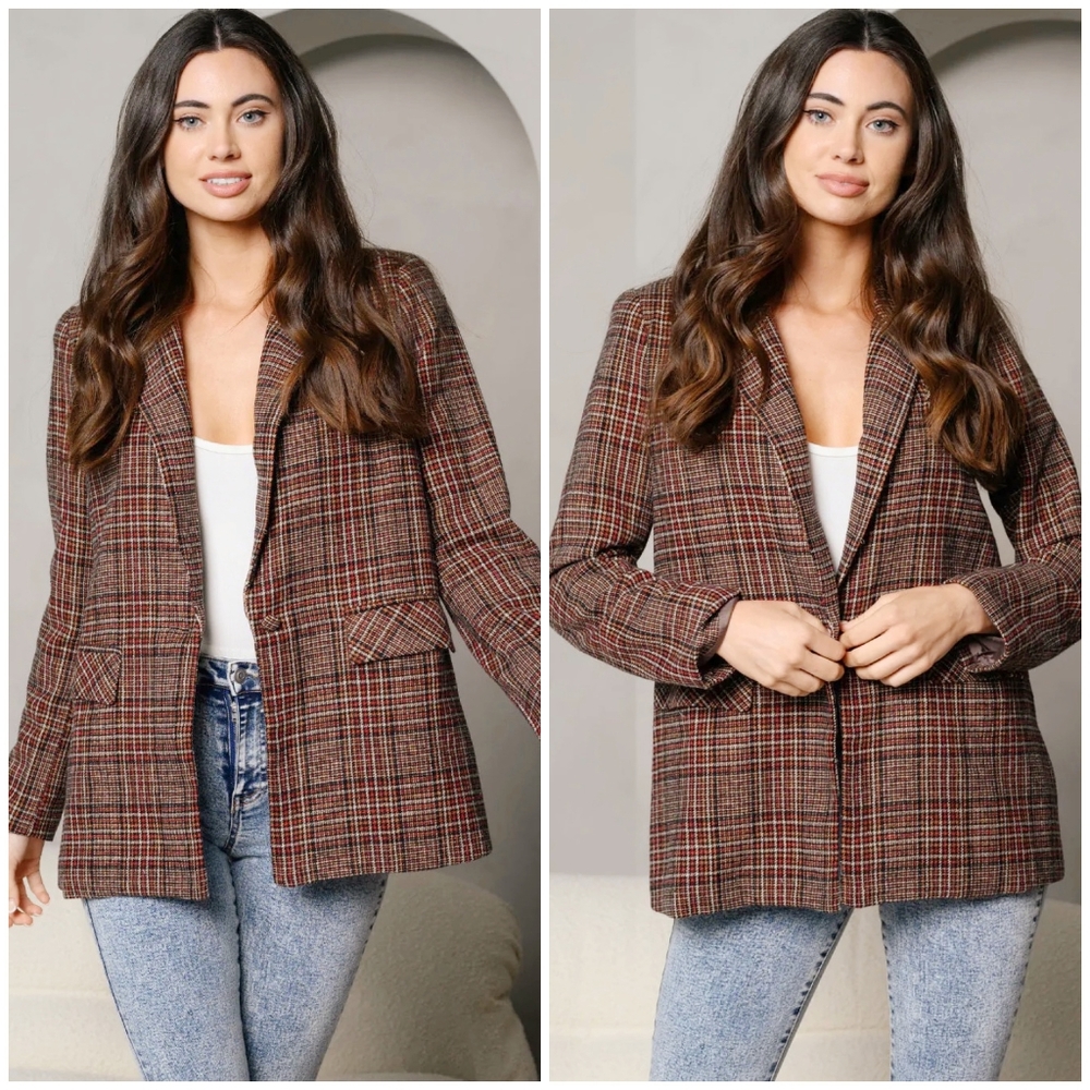 PEACH LOVE CALIFORNIA Vintage Chic Plaid Oversized Blazer - Picture 5 of 12